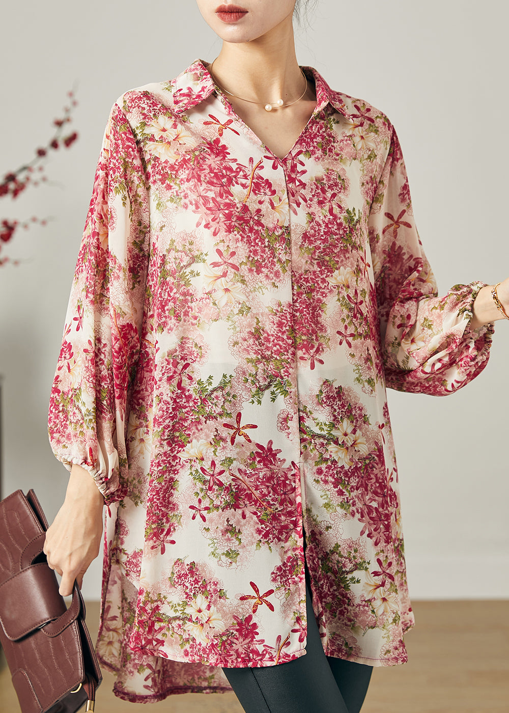 Organic Pink Oversized Print Chiffon Blouse Top Summer