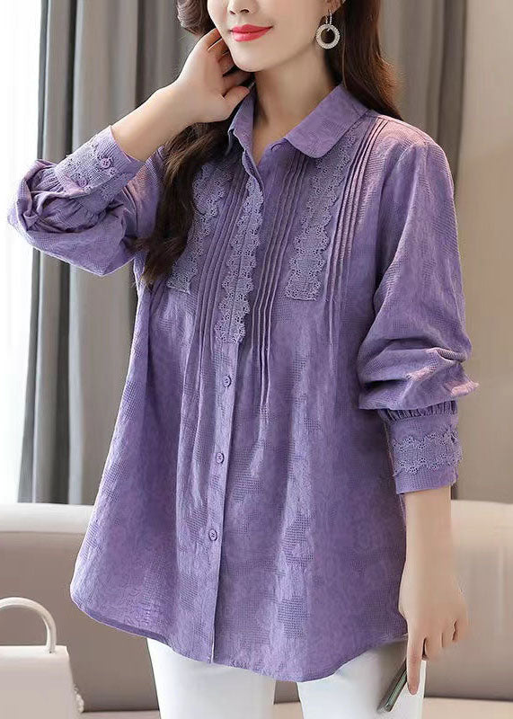 Organic Purple Embroidered Lace Patchwork Cotton Shirts Tops Spring