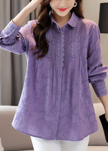 Organic Purple Embroidered Lace Patchwork Cotton Shirts Tops Spring