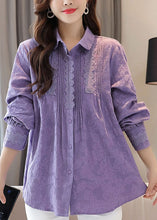 Load image into Gallery viewer, Organic Purple Embroidered Lace Patchwork Cotton Shirts Tops Spring