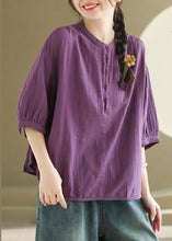 Load image into Gallery viewer, Organic Purple O Neck Button Cotton T Shirt Tops Half Sleeve