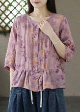 Load image into Gallery viewer, Organic Purple O-Neck Print Wrinkled Linen Shirt Summer