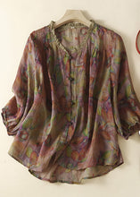 Load image into Gallery viewer, Organic Purple Print Ruffled Patchwork Linen Tops Summer