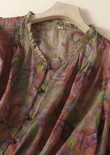 Load image into Gallery viewer, Organic Purple Print Ruffled Patchwork Linen Tops Summer