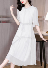 Load image into Gallery viewer, Organic White Ruffled Patchwork Drawstring Silk Dress Summer