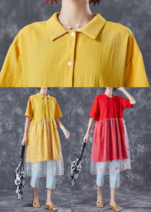 Organic Yellow Embroidered Patchwork Tulle Cotton Dress Summer