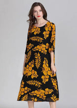 Load image into Gallery viewer, Organic Yellow O Neck Print Patchwork Chiffon Mid Dress Summer