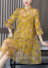 Load image into Gallery viewer, Oriental Yellow Wrinkled Patchwork Print Silk Two Pieces Set Summer