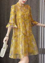 Load image into Gallery viewer, Oriental Yellow Wrinkled Patchwork Print Silk Two Pieces Set Summer