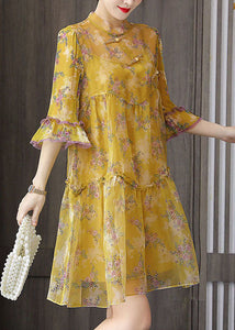 Oriental Yellow Wrinkled Patchwork Print Silk Two Pieces Set Summer