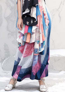 Original Colorblock Print Wrinkled Silk Long Dress Half Sleeve