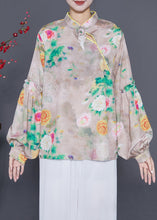 Load image into Gallery viewer, Original Design Mandarin Collar Print Tassel Silk Shirts Lantern Sleeve