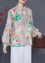 Load image into Gallery viewer, Original Design Mandarin Collar Print Tassel Silk Shirts Lantern Sleeve