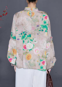 Original Design Mandarin Collar Print Tassel Silk Shirts Lantern Sleeve