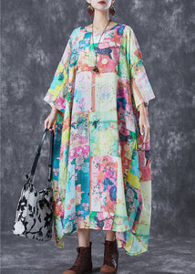 Original Design Oversized Print Linen Maxi Dresses Bracelet Sleeve