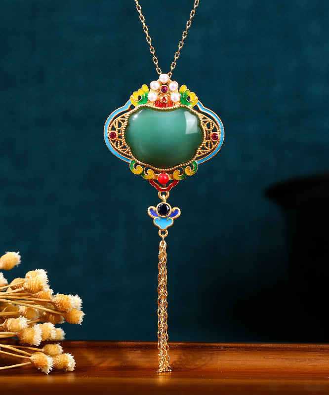 Original Design Rainbow Copper Overgild Jade Pearl Enamel Safety Lock Tassel Pendant Necklace