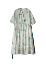 Load image into Gallery viewer, Original Design V Neck Print Tie Waist Patchwork Linen Dress Summer