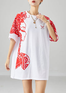 Original Design White Oversized Print Cotton Tops Summer