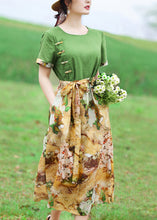 Load image into Gallery viewer, Original Green Print Patchwork Tie Waist Cotton Dress Summer