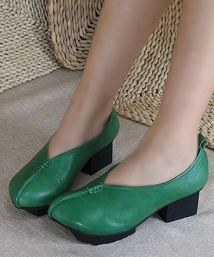 Original Retro Green Shallow Mouth Cowhide Leather Chunky Heel