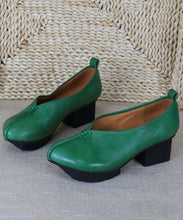 Load image into Gallery viewer, Original Retro Green Shallow Mouth Cowhide Leather Chunky Heel