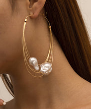 Load image into Gallery viewer, Oversize Gold Multiple Layers Metal Pearl Hoop Earrings