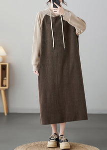 Oversized Trendy Coffee Patchwork Long Hooded Dresses Winter