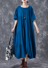 Load image into Gallery viewer, Peacock Blue Patchwork Cotton Dress Oversized Wrinkled Butterfly Sleeve