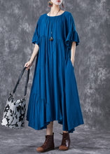 Load image into Gallery viewer, Peacock Blue Patchwork Cotton Dress Oversized Wrinkled Butterfly Sleeve