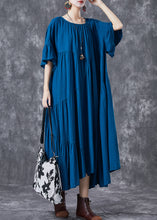 Load image into Gallery viewer, Peacock Blue Patchwork Cotton Dress Oversized Wrinkled Butterfly Sleeve