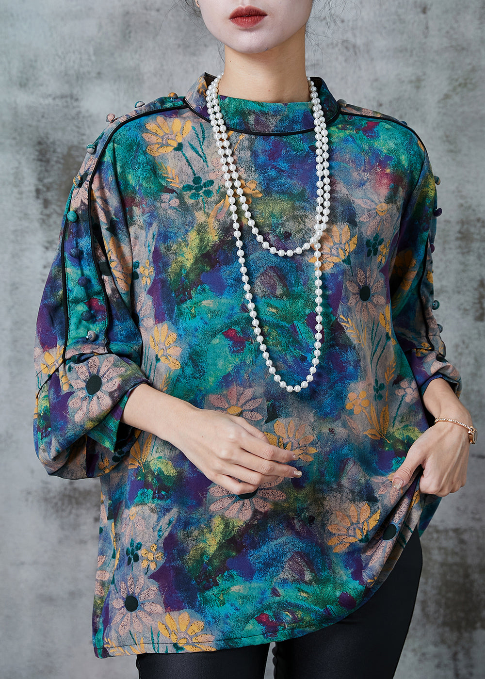 Peacock Blue Tie Dye Chiffon Shirt Top Lantern Sleeve