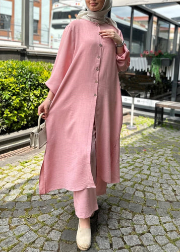 Pink Button Side Open Cotton Two Piece Set O Neck Spring