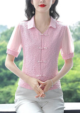 Load image into Gallery viewer, Pink Chiffon Shirts Tops Peter Pan Collar Chinese Button Summer