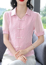 Load image into Gallery viewer, Pink Chiffon Shirts Tops Peter Pan Collar Chinese Button Summer