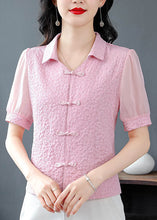 Load image into Gallery viewer, Pink Chiffon Shirts Tops Peter Pan Collar Chinese Button Summer