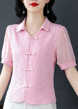 Load image into Gallery viewer, Pink Chiffon Shirts Tops Peter Pan Collar Chinese Button Summer