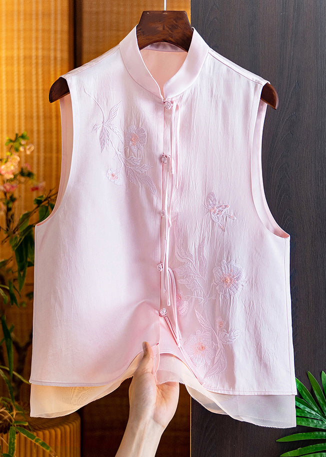 Pink Chinese Button Silk Waistcoat Stand Collar Summer