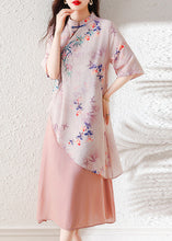 Load image into Gallery viewer, Pink Embroidered Patchwork Linen Dress Asymmetrical Summer