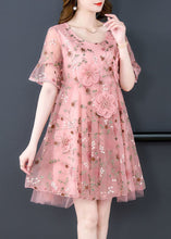 Load image into Gallery viewer, Pink Embroidered Tulle Mid Dress O Neck Short Sleeve