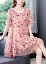 Load image into Gallery viewer, Pink Embroidered Tulle Mid Dress O Neck Short Sleeve