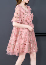 Load image into Gallery viewer, Pink Embroidered Tulle Mid Dress O Neck Short Sleeve