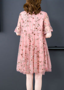 Pink Embroidered Tulle Mid Dress O Neck Short Sleeve