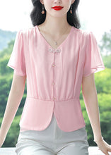 Load image into Gallery viewer, Pink Patchwork Chiffon Top V Neck Wrinkled Summer