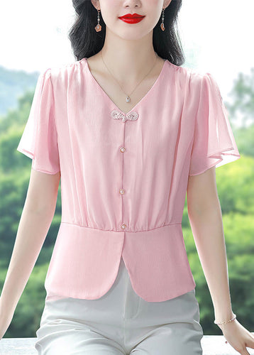 Pink Patchwork Chiffon Top V Neck Wrinkled Summer