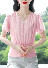 Load image into Gallery viewer, Pink Patchwork Chiffon Top V Neck Wrinkled Summer