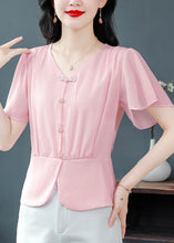 Load image into Gallery viewer, Pink Patchwork Chiffon Top V Neck Wrinkled Summer