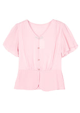 Load image into Gallery viewer, Pink Patchwork Chiffon Top V Neck Wrinkled Summer