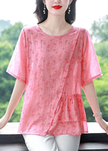 Load image into Gallery viewer, Pink Patchwork Linen Blouses Asymmetrical O-Neck Ruffled Summer