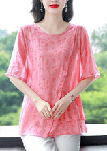 Load image into Gallery viewer, Pink Patchwork Linen Blouses Asymmetrical O-Neck Ruffled Summer