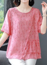 Load image into Gallery viewer, Pink Patchwork Linen Blouses Asymmetrical O-Neck Ruffled Summer